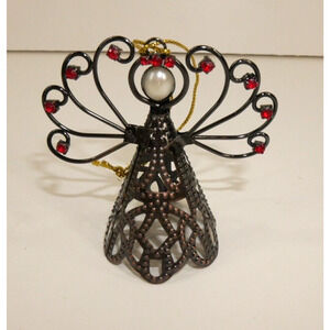 2.5" Pressed Tin Angel Christmas Holiday Ornament Faux Ruby Details Decoration
